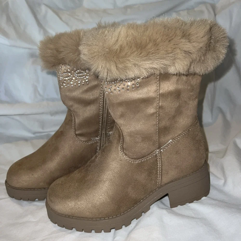 BEBE GIRLS FAUX FUR Fashion BOOTS TAN BROWN SHOES 1 NEW Rhinstones Cowgirl Bling